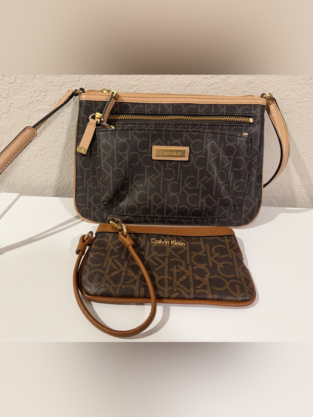 Calvin Klein Brown Monogram Crossbody and Wristlet Set